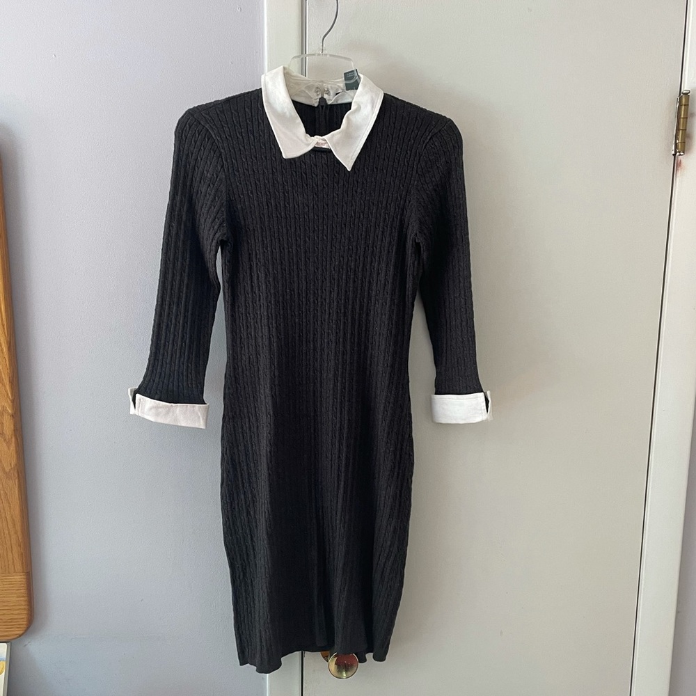 Dark Gray Ribbed Bodycon Dress with Collar